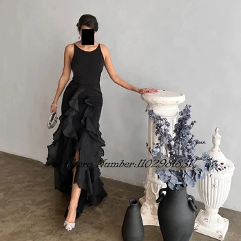 Undinėlės juodos prom suknelės Personalizuota vakarinė suknelė be rankovių Saudo Arabijos satino raukiniai ilgos oficialios progos chalatai