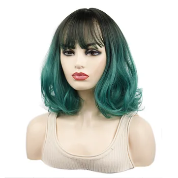 Body Wave sintetinis perukas moterims Karščiui atsparus pluoštas Bobo plaukai Lolita Ombre Juoda žalia Kasdien naudokite Cosplay perukus su kirpčiukais