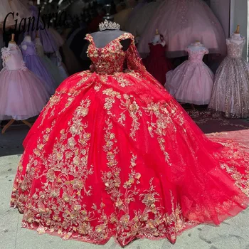 Pelenės raudonos svarainių suknelės Karoliukais Formalios prom 3D gėlės Baigimo chalatai Princesė Vestidos De 15 Años 2023