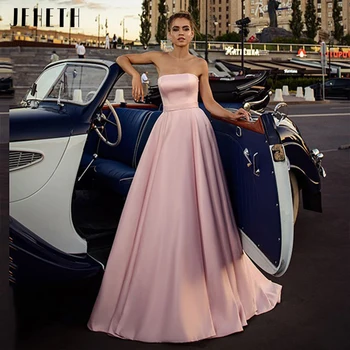 Simple Pink Strapless Satin Prom Party Dress Long A Line Lace-up Backless with Bow Wedding Guest Ball Gown chalatas de soirée