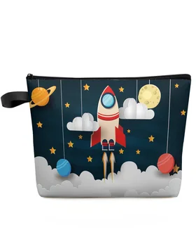 Kosmosas Animacinis filmas miela erdvėlaivio raketa Individualus kelionių kosmetikos krepšys Nešiojamas makiažo laikymo maišelis Moterims Vandeniui atsparus pieštuko dėklas