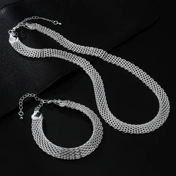 925 Sidabru dengtas tinklinis grandinėlės apyrankių kaklo papuošalų rinkinys moterims Lady Fashion Party vestuvių papuošalų rinkiniai