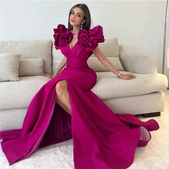 Rose Red V-neck Fashion Evening Dresses Satin Ruffles Sleeve Floor-Length Sexy Mermaid Side Split Arab Custom 2024 Prom Gowns