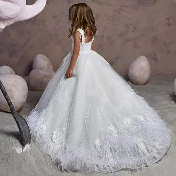 Baltas tiulis pūkuotas su plunksnomis Gėlių mergaitės suknelė be rankovių vestuvėms Miela mažoji princesė Vaikai Prom Ball gimtadienio chalatai
