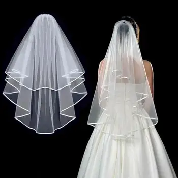 Vestuvės paprastas tiulis balta spalva dviejų sluoksnių nuotakos juostelės kraštas Pigūs nuotakos aksesuarai Moteriškas šydas