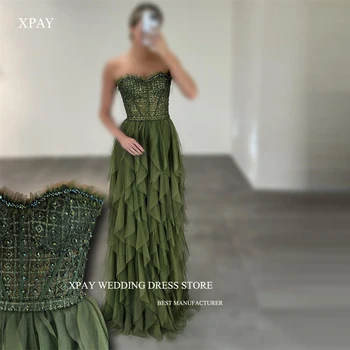 XPAY Glitter Green A Line Vakarinės suknelės Sweetheart Ruffles Organza Floor Length Prom Gowns Oficiali vakarėlio proga Suknelė