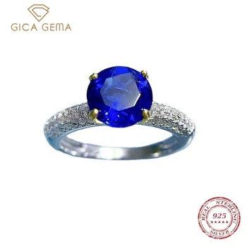 Gica Gema 100% 925 svarų sterlingų sidabro apvalaus pjaustymo laboratorijos safyras didelės anglies deimantai Navy Blue Brangakmenio sužadėtuvių žiedas Puikūs papuošalai