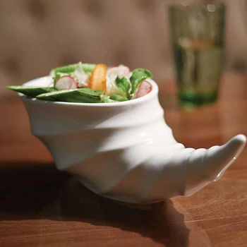 Virtuvės indai Kūrybiniai srieginiai rago formos vakarienės lėkštė Grynas baltas keramikos formos kūgio dubuo ir lėkštė 9 colių