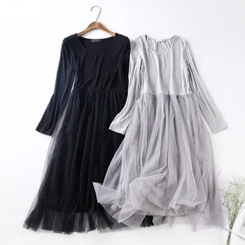 2024 Pavasario ruduo Korėjietiška tinklinė suknelė ilgomis rankovėmis Moterys Saldžios modalinės margaspalvės nėrinių suknelės Moteriškos A linijos ilgos apačios Vestidos