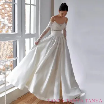 Simple Maxi nuotakos chalatai V-Neck Spagečių dirželiai Illusion 3/4 ilgomis rankovėmis vestuvinės suknelės Elegantiška A-Line Vestido De Boda SWD1018