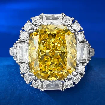 New s925 Sterling Silver High end 12 * 14 Wedding Ring Carbon Diamond Ice Flower Cut Yellow for Women