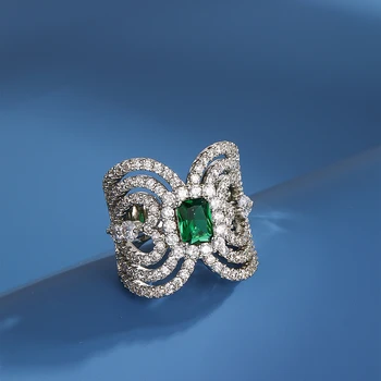 Obega Kubinis cirkonis Moters žiedai Ovalus smaragdas Žalias žiedas Gręžtuvas Tuščiaviduris varinis žiedas moterims Vestuvių vestuvių papuošalai