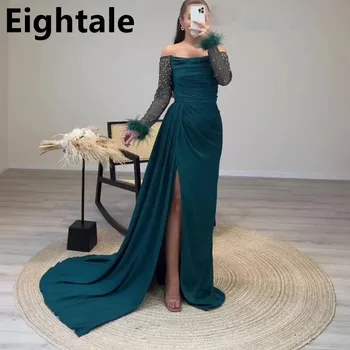 Eightale Off Shoudler Žalios vakarinės suknelės Prabangios 2024 m. įžymybių plunksnos ilgomis rankovėmis grindų ilgis Undinės prom vakarėlio suknelė