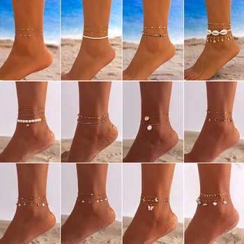 Naujas moteriškas auksinės sidabro spalvos vintažinis anklet rinkinys moterims Daugiasluoksnė reguliuojama anklet apyrankė ant kojų pėdų paplūdimio papuošalų