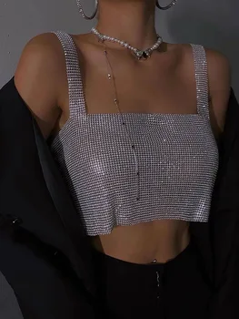 Bling Rhinestones Party Crop Top 2023 Sexy Backless Full Diamonds Straps Crop Top Shiny Sequins Cami Club Cropped Top For Women