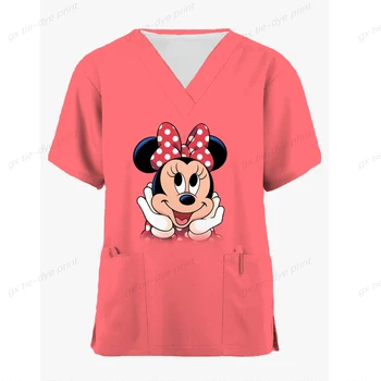 Disney Minnie Mickey Mouse Print Nurses Working Uniform Women Pockets Workers T-shirt Tops Blouse Nurse Uniform Workwear
