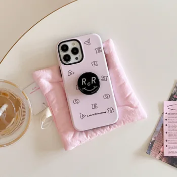 Paprastas rožinės raidės šypsenėlės laikiklis Telefono dėklas, skirtas iPhone 11 12 13 Pro Max 14 Plus Two In One Drop Resistant Protective Back Cover