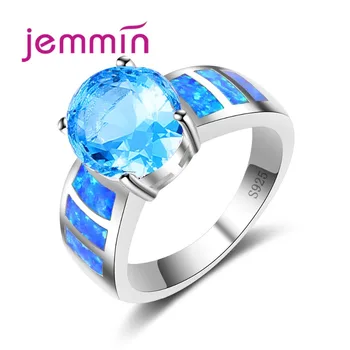 Paprastas žiedas apvalus rožinis CZ akmens mėlyna Sukurti ugnies opaliniai žiedai moterims Madingi 925 svarų sterlingų sidabro vestuvių juostos papuošalai