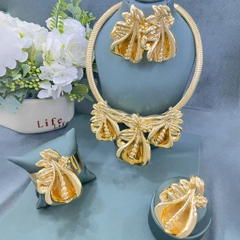 Dubajaus aukso spalvos vėrinių auskarų rinkinys Unikalūs 24k paauksuoti papuošalai Nigerijos nuotakos vestuvių vakarėlio aksesuarai