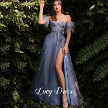 Lucy Baby Blue Pink A Line Sweetheart Prom suknelės Rankų darbo 3D gėlių seksualios aukšto plyšio vakarinės vakarėlio suknelės Ilga išleistuvių suknelė