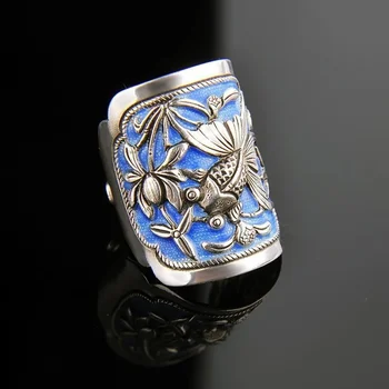 Vintažinė auksinė žuvelė Lotoso gėlė 925 Tailando sidabras Plataus stiliaus žiedai moterims Pora Emalio mėlyna Banketas Papuošalai Reguliuojamas atidarymas