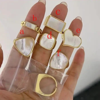 5Vnt Naujas klasikinio dizaino paauksuotas perlamutro širdies motina kvadratinis stačiakampis apvalkalo žiedas Elegantiški reguliuojami rankogalių žiedai moterims