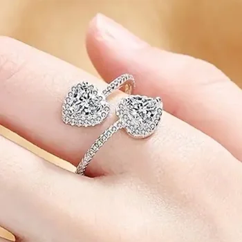 Nauja sidabro spalva Dviguba meilė CZ Atidarymo žiedai moterims Madingos vestuvinės juostos Vestuvių mada Universalūs moteriški papuošalai
