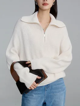 Women's Turtleneck Fashion Zipper Design Pullovers Casual Knitted Sweater Woman Winter 2023 Pink LOOSE Winter Moteriškas megztinis