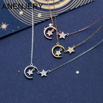 ANENJERY Full Shiny Zircon Star Moon Pendant Necklace for Women Chain Fashion Popular Girls Jewlery Birthday Gifts Wholesale