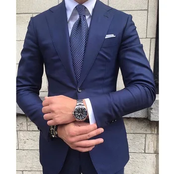 Fashion Navy Blue vyriški kostiumai 2 vnt Peak Lapel Formal Business Blazer Tuxedos For Wedding Groom Man (Švarkas+Kelnės)