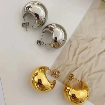 6Pair,Fashion Gold Plated Nerūdijančio plieno C formos pusapvaliai auskarai moterims mergaitėms Neperšlampami lygūs stambūs auskarai