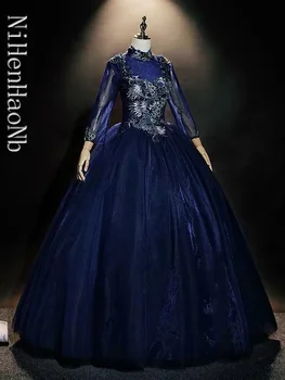Royal Blue siuvinėjimas ilgomis rankovėmis Quinceanera suknelės Kamuolinė suknelė Vintažinė viduramžių suknelė Renesansinė princesės suknelė
