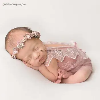 Baby Lace Romper Headband Set Naujagimio fotografijos rekvizitai Smėlinukas Kombinezonas su gėlių plaukų juosta Baby Fotografie Dropship
