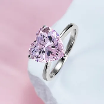 HOYON 4 karatai Širdies formos deimantinis žiedas S925 Sidabrinis 10*10 Aukštos anglies akmens žiedas vestuvinėms juostoms Rožiniai Rheinestone papuošalai