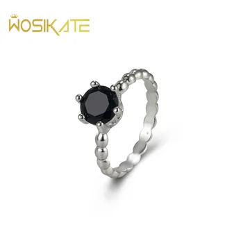 WOSIKATE Vintage Threaded Claw Set Black Zirconia Gemstone Fashion Ring for Women Silver Jewelry Party Gift Finger Ring Size6-10