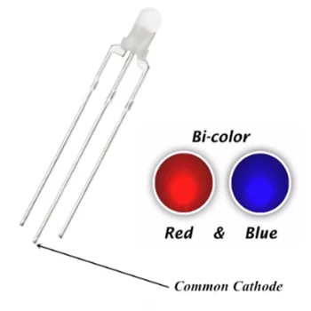100PCS 3MM raudonas ir mėlynas difuzinis LED bendras katodas 3PINS indikatoriaus lemputė apvali galvutė 20mA dvispalvė lempa