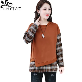 UHYTGF Moteriški ploni džemperiai Mada Ilgomis rankovėmis Siuvami pavasario rudens marškinėliai Netikri du laisvi 3XL Didelio dydžio viršugalviai Moteris 1260