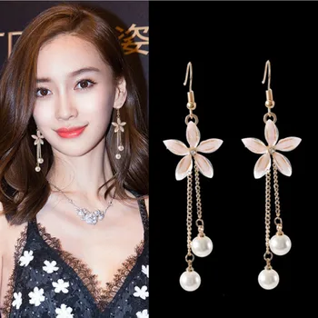 Korėja naujas skaidrus krištolo penkių lapų žiedas simuliacija perlų puokštė metalinė grandinėlė ilgi auskarai moterims papuošalų dovanos