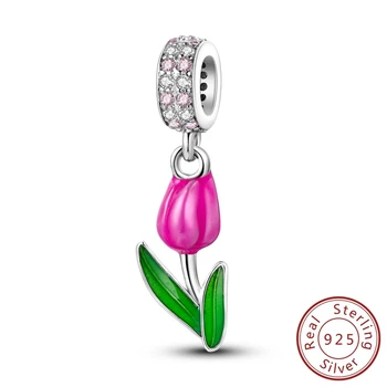 Romantic S925 Sterling Silver Fashion Pink Tulip Pendant Fit Pandora apyrankė Moteriškas originalus boutique Wear gimtadienio žavesio dovana