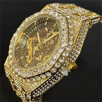 Prabangus automatinis mechaninis laikrodis Vyrai Hip Hop Prekės ženklas MISSFOX Steel Full Iced Diamond Jewelry Gold Rankinis laikrodis Fashion Man 2023 Naujas