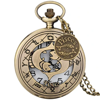 Punk Tuščiaviduriai Zodiako ženklai Žuvų žvaigždynai Kvarcinis kišeninis laikrodis Vyrai Moterys Gimtadienio dovanos Pakabinamas laikrodis su Žuvų aksesuaru