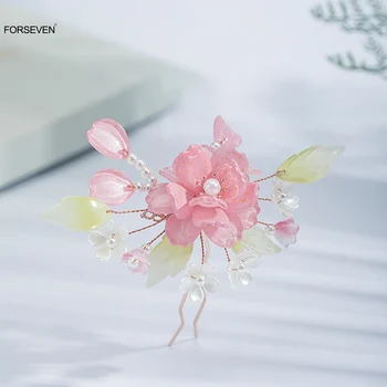 U formos plaukų lazdelės Šakės Rožinės gėlės perlų galvos apdangalai Naujo kinų stiliaus plaukų papuošalai Moterys Hanfu suknelė Plaukų aksesuarai