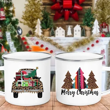 Sunkvežimis Kalėdų eglutės spausdinimas Puodeliai Balta rankena Kavos gėrimo puodeliai Emalio vakarėlis Alaus sultys Pieno puodelis Retro namų dekoro šventinė dovana