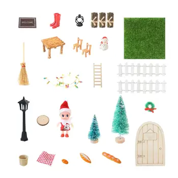 28x mažytės fėjos medinės durys apsimeta, kad žaidžia kalėdines miniatiūrines scenos dekoracijas maketui Geležinkelio architektūrinis sodas Peizažas