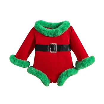 Bmnmsl Baby Girls Christmas Casual Romper ilgomis rankovėmis Pliušinė apykaklė Kontrastinė spalva Belted Santa Romper