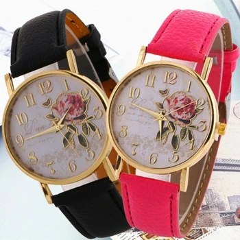 Gėlių moteriški laikrodžiai Paprasti kvarciniai rankiniai laikrodžiai Rožiniai laikrodžiai Odinis laikrodis Часы Женские Наручные Relógio Feminino Reloj Mujer