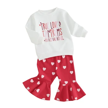 SHUING Mažylis Mergaitė Valentino dienos apranga Fuzzy Letter Print Džemperis Heart Flare Kelnės 2Vnt Pavasario rudens drabužiai