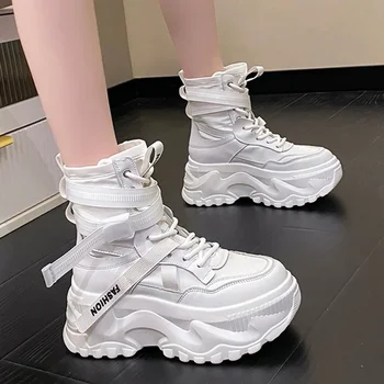 Fashion Women's High Top Chunky Increase Height Platform Ankle Boots for Women White Lace Up Casual Shoes Woman Autumn Winter