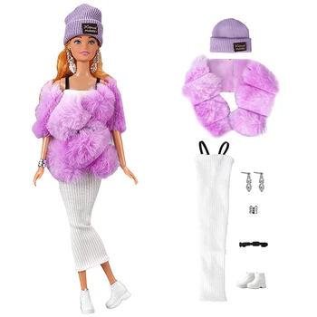 NK 1 Komplektas 30CM Princess Fashion Purple Shawl Paltas Kepurė White Strap Suknelė Batai Vakarėlio drabužiai Barbei Lėlių aksesuarai Dovanų žaislas