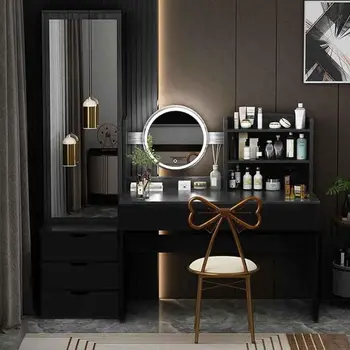 XVURO Tuštybės stalas su veidrodžiu ir šviesa, keturių lentynų laikymo veidrodinė spintelė &šeši dideli stalčiai, 3 apšvietimo režimai, reguliuojamas ryškus